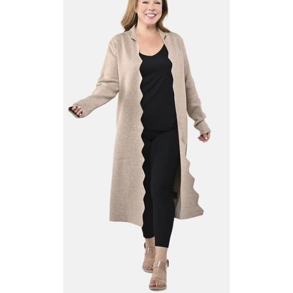 New Badgley Mischka Scalloped Open Front Duster Sweater Womens Xl Sand
